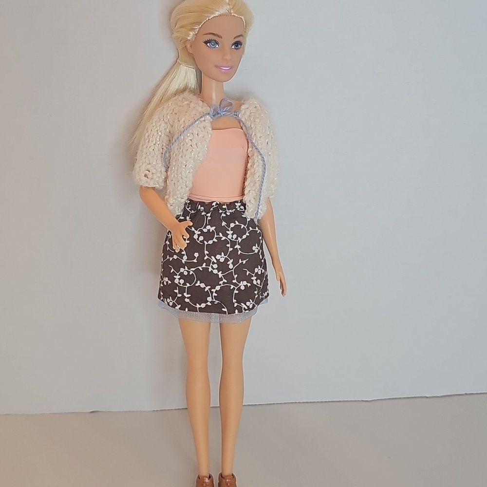 Barbie Doll with Cream Cardigan and Brown Skirt